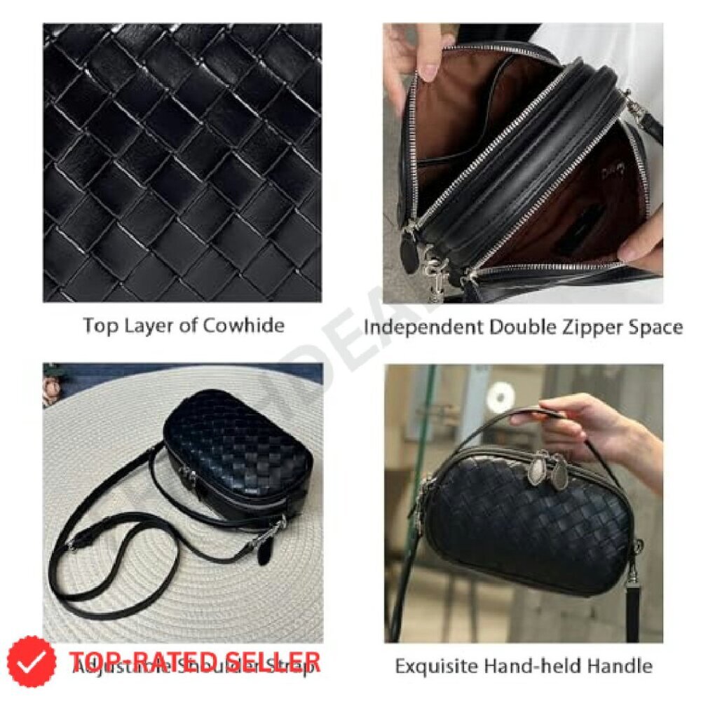 Woven Crossbody Bag Soft Leather-Feel Camera Purse Top Handle Adjustable Strap - Picture 4 of 8